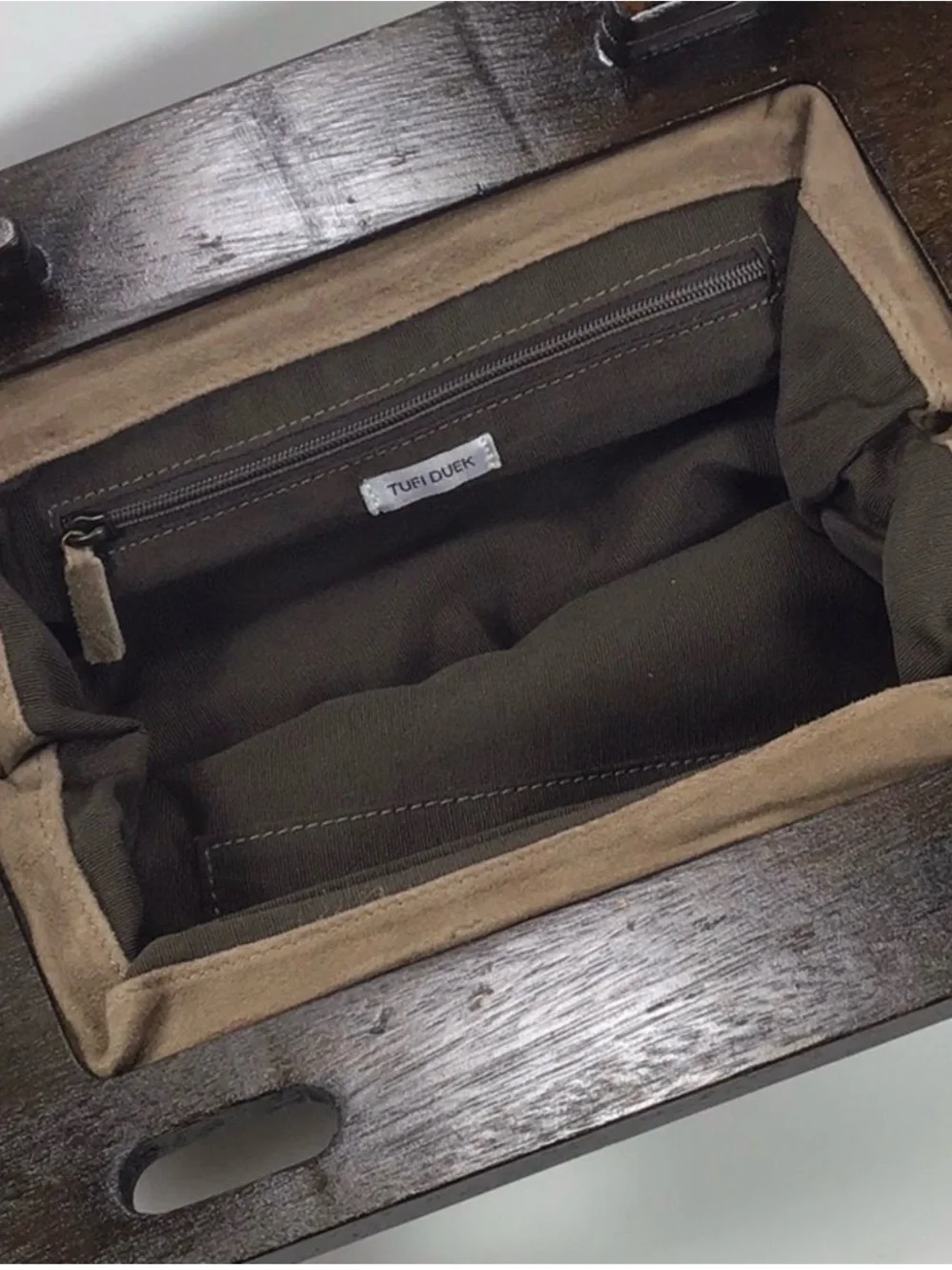 Tufi Duek Taupe Suede Clutch with Dark Brown Trim